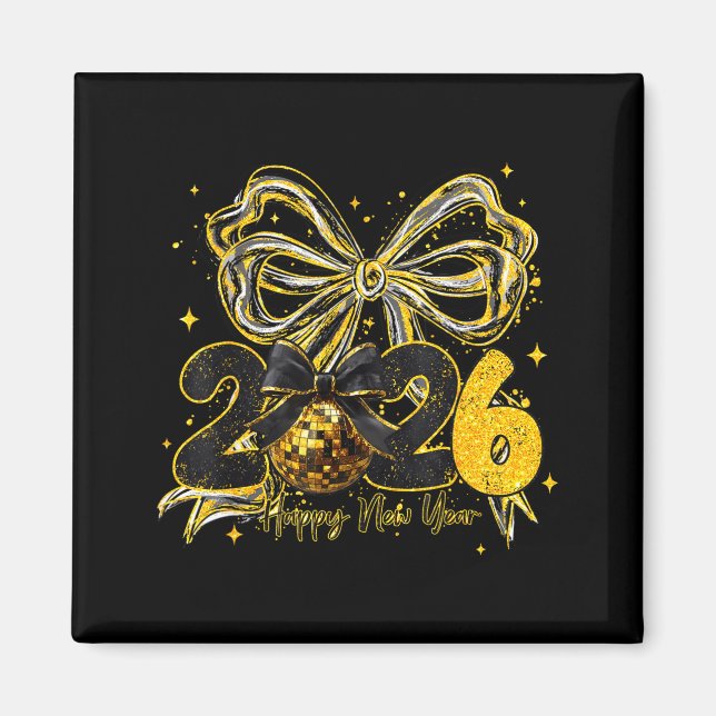 Imã Happy New Year Cute Gold Disco Ball Bow New Year's (Frente)