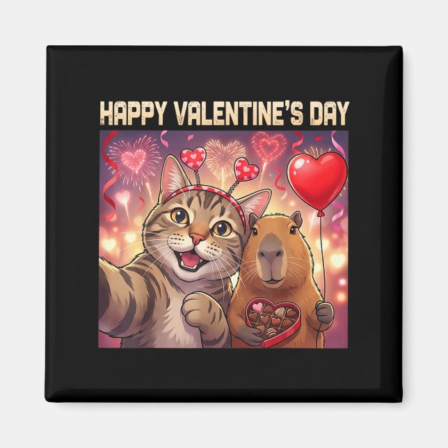 Imã Happy Valentines 2026 Cute Cat Capybara Party Art  (Frente)