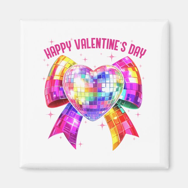 Imã Happy Valentine's Day Coquette Disco Ball Heart Gi (Frente)