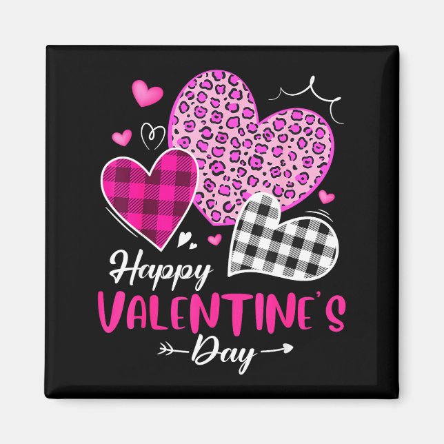 Imã Happy Valentine's Day Leopard And Plaid Hearts Gir (Frente)