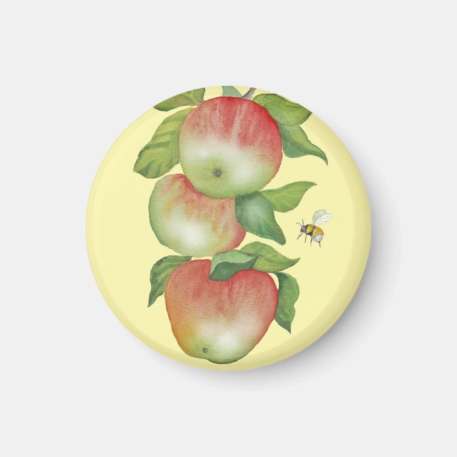 Imã Harmonia Doce: Maçãs de Aquarela e uma Abelha (Frente)