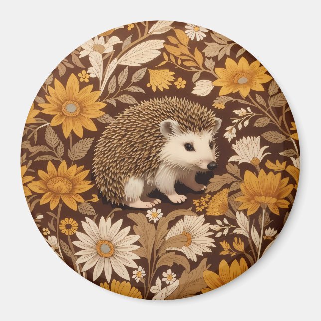 Imã Hedgehog Brown Floral William Morris Inspirou (Frente)