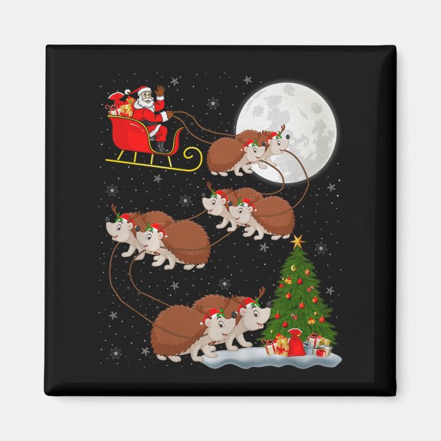 Imã Hedgehog Santa Sleigh Flying Funny Magical Christm (Frente)