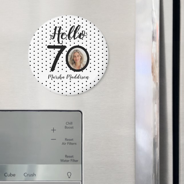 Imã Hello 70 Black & White Dots Photo & Name Birthday (In Situ (Fridge))
