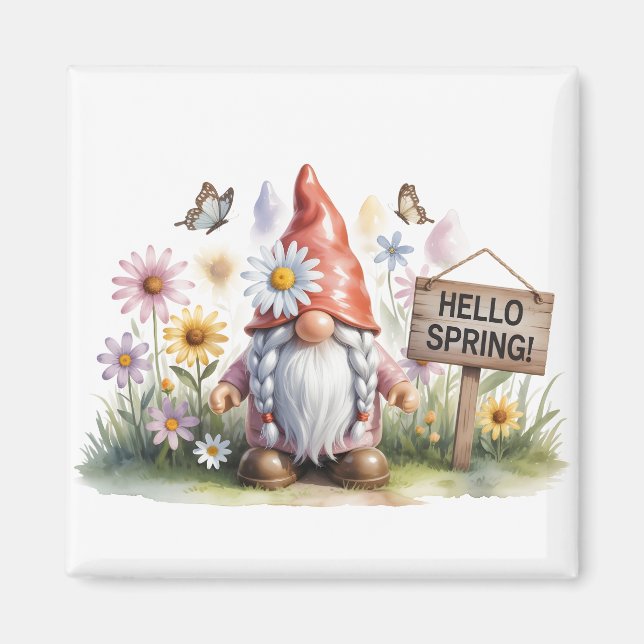 Imã Hello Spring Garden Gnome: Cute Gnome with Braids (Frente)