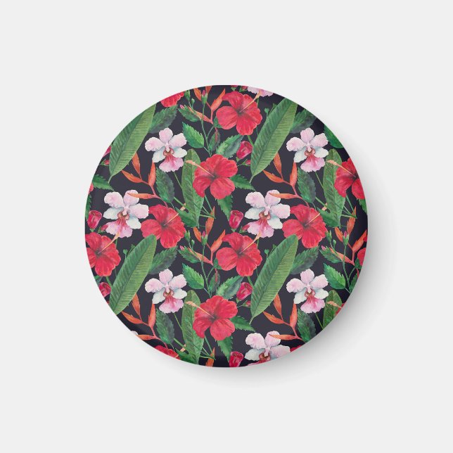 Imã hibisco vermelho, orquídeas, aquarela tropical. (Frente)