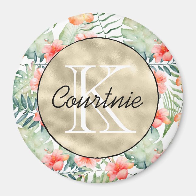 Imã Hibiscus Floral Dourado Monograma Rosa Tropical (Frente)