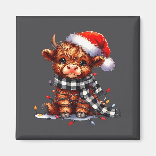 Imã Highland Cow Christmas Santa Hat Mooey Xmas Heifer (Frente)