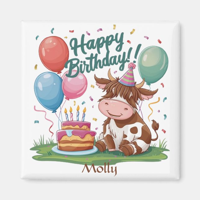 Imã Highland Cow Happy Birday (Frente)