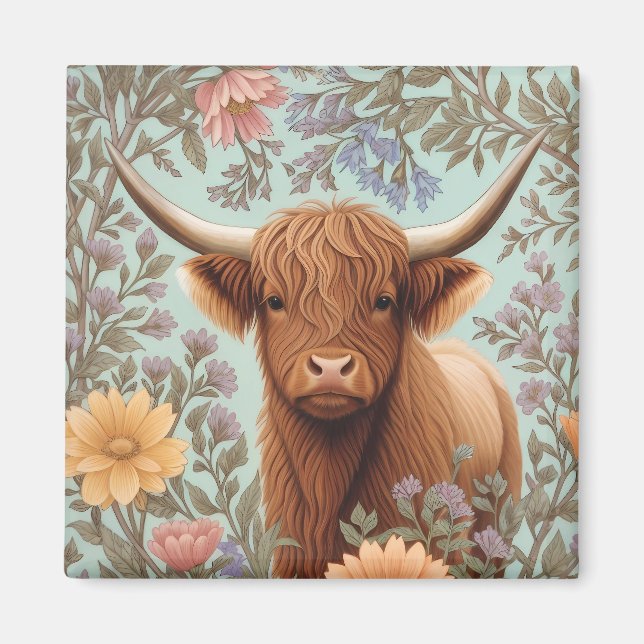 Imã Highland Cow Pastel William Morris Inspired Floral (Frente)