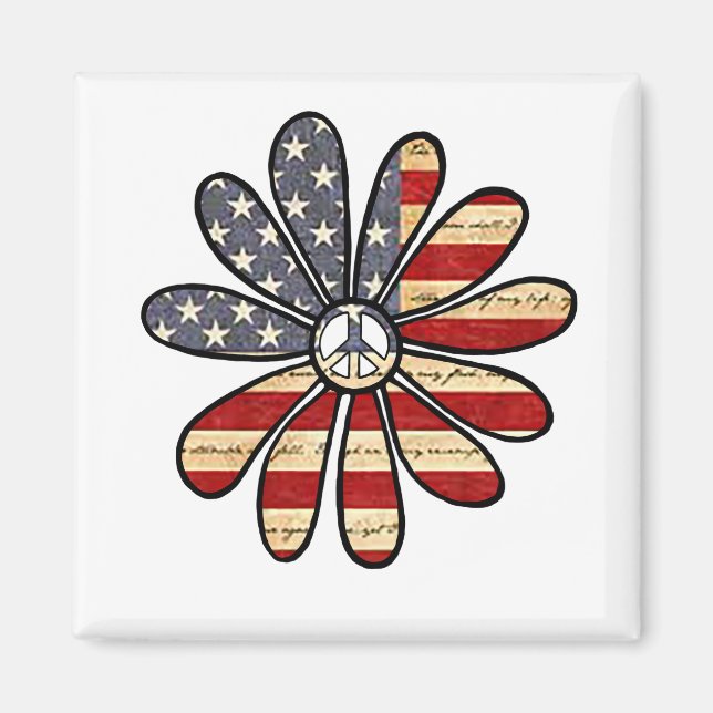 Imã Hippie Flower Power Sign American Flag (Frente)