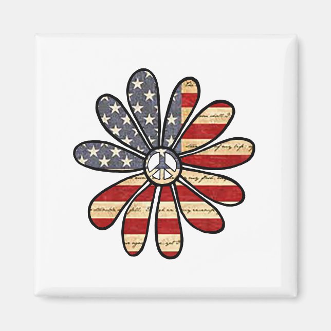 Imã Hippie Flower Power Sign American Flag (Frente)