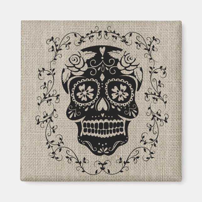Imã Hipster Black Sugar Skull Burlap (Frente)