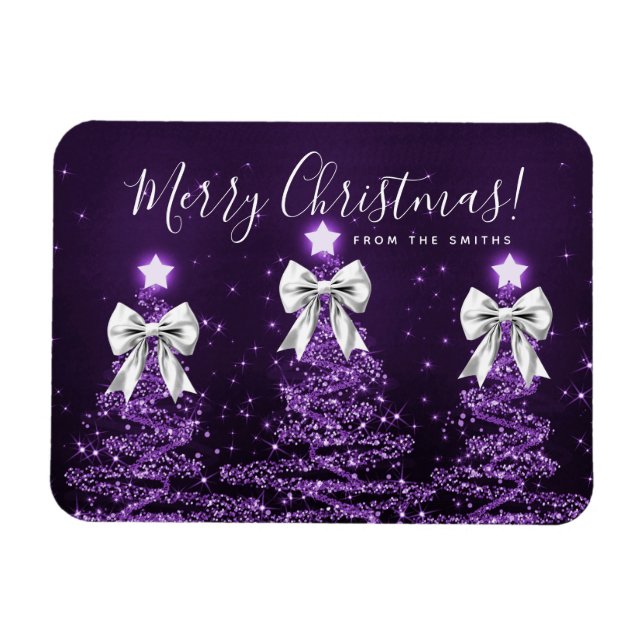 Ímã Holiday Purple Christmas Trees Greeting Silver  (Horizontal)
