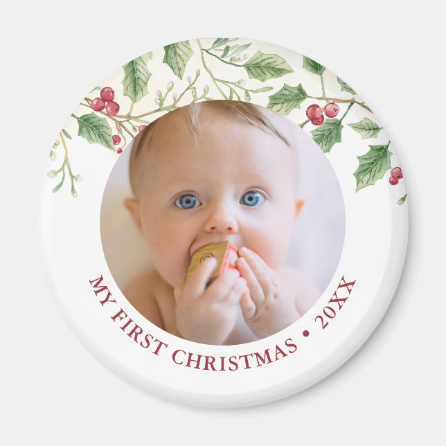 Imã Holly Berry Baby 1st Christmas Photo Holiday Cute (Frente)