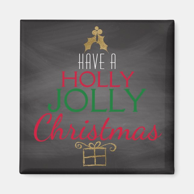 Imã Holly Jolly Christmas Rustic Chalkboard Red Green (Frente)