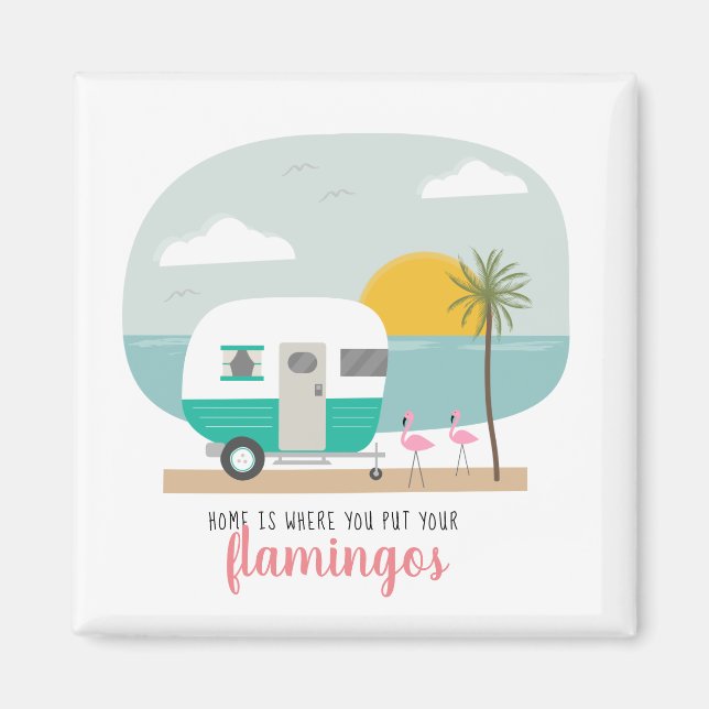 Imã Home Flamingos Beach Turquoise Camper (Frente)