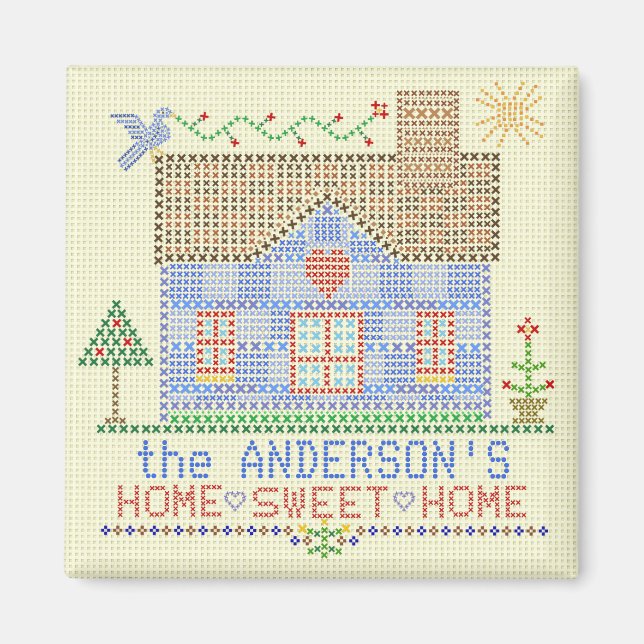 Imã Home Sweet Home Cross Stitket House Personalizado (Frente)