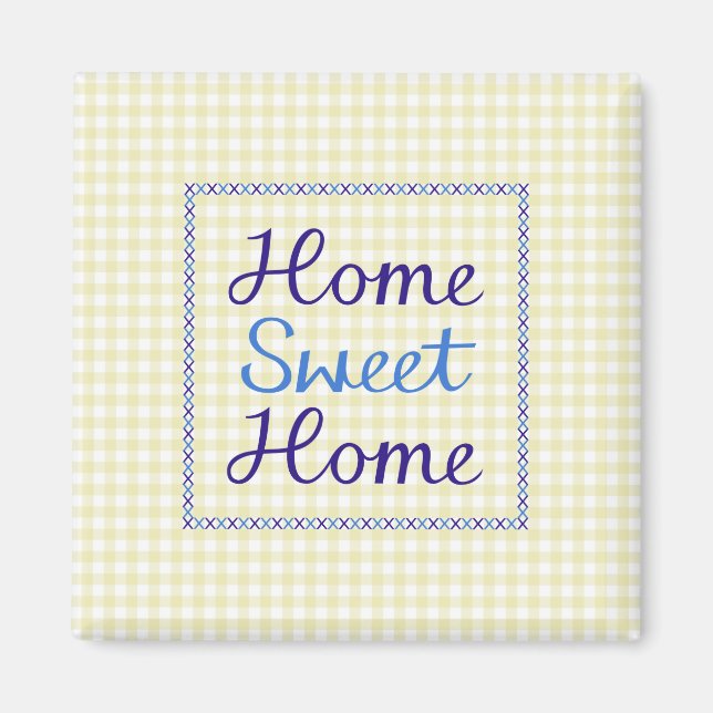 Imã Home Sweet Home Script em Blues no Yellow Gingham (Frente)