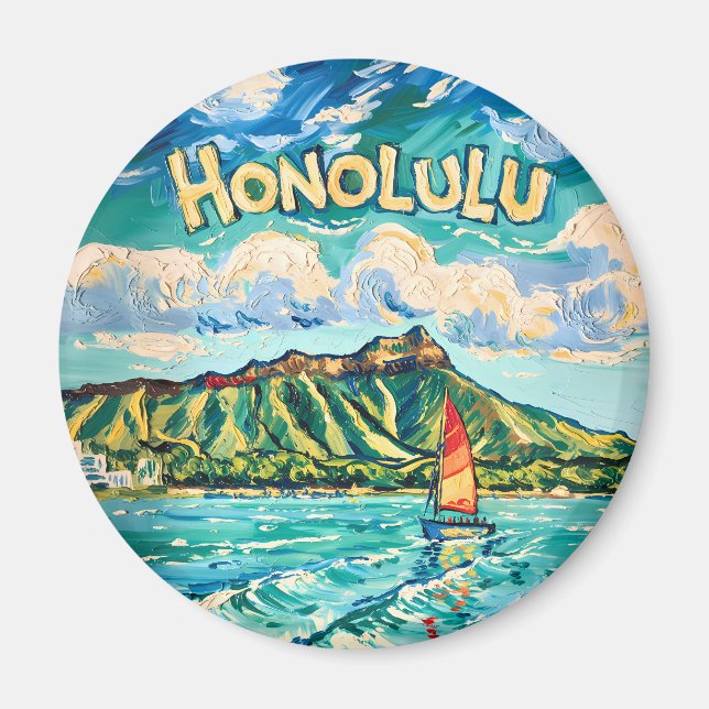 Imã Honolulu Hawaii Vintage Travel Van Gogh Landscape (Frente)