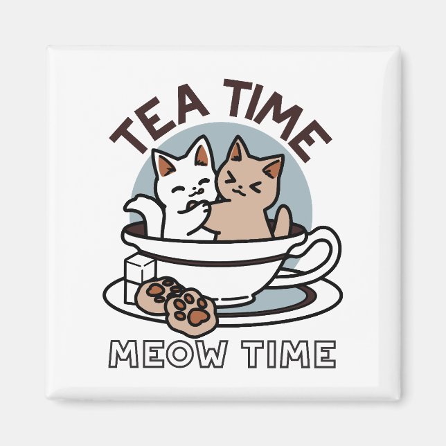 Imã Hora do Tea Meow - Design de Gato e Chá (Frente)