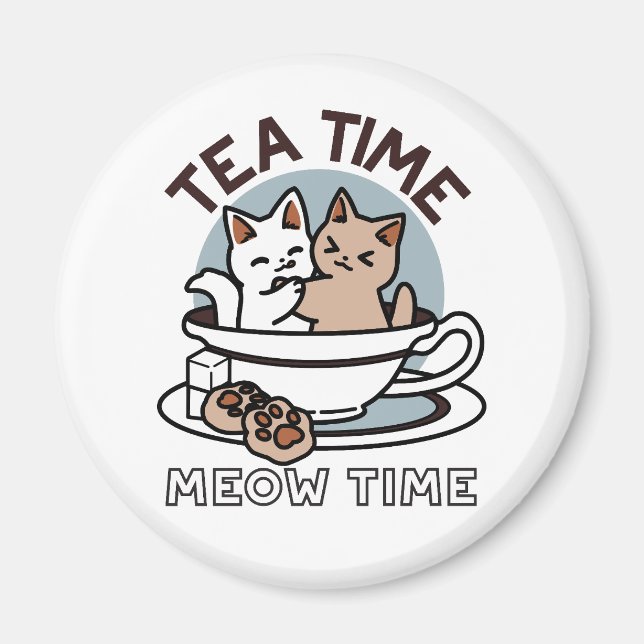 Imã Hora do Tea Meow - Design de Gato e Chá (Frente)