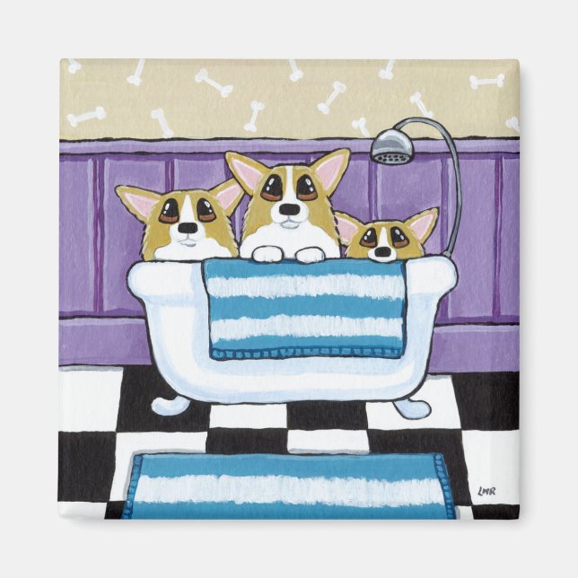 Imã Horário de Corgi Bath - Arte Cachorosa (Frente)