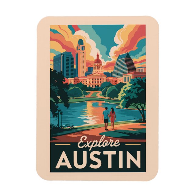 Ímã Horizonte de Austin Texas Viagem Arte Vintage (Vertical)