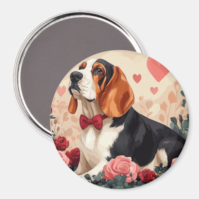 Imã Hound Basset com Rosas - Dia de os namorados (Front/Back)
