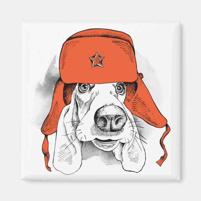 Imã Hound Basset | Red Ushanka Hat (Frente)