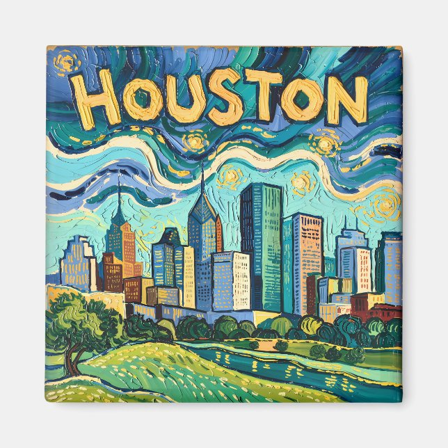 Imã Houston Skyline Colorful Van Gogh Cityscape (Frente)