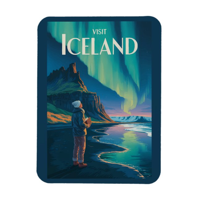 Ímã Iceland Northern Lights Illustration Travel Art Vi (Vertical)