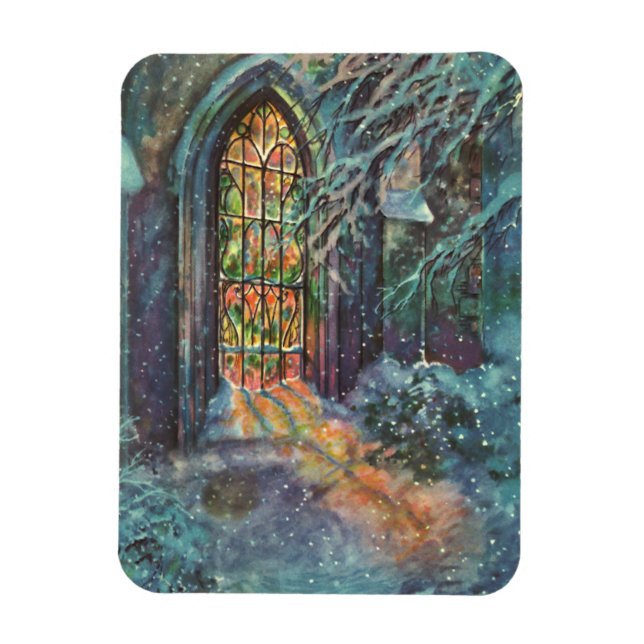 Ímã Igreja de Natal Vintage com Vitral (Vertical)