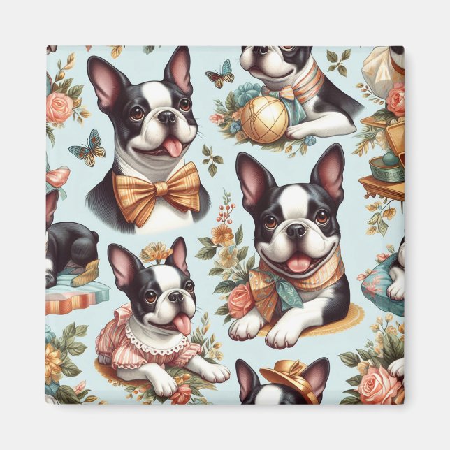Imã Ilustração Cute Vintage de Boston Terrier (Frente)