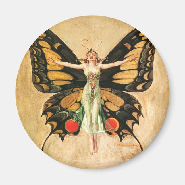 Imã Ilustração da Mulher Voando Borboleta Flapper (Frente)