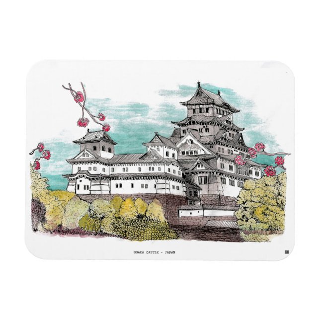 Ímã Ilustração de Aquarela do Japão no Castelo de Osak (Horizontal)