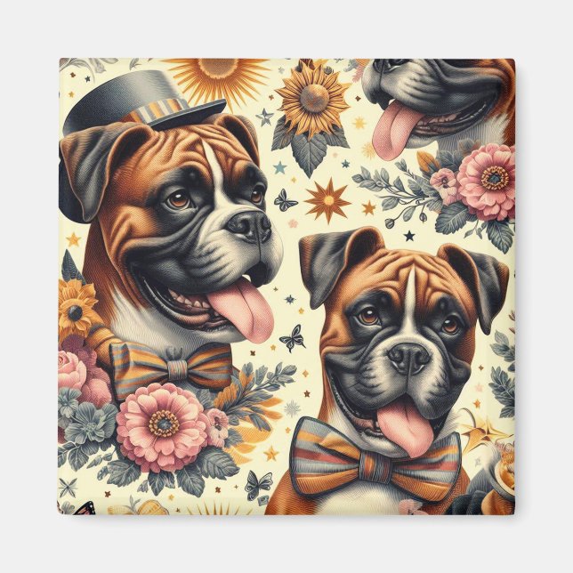 Imã Ilustração de Cachorro de Boxer Vintage (Frente)