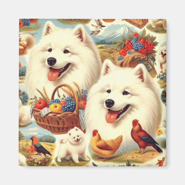 Imã Ilustração de Cão Samoyed Vintage (Frente)