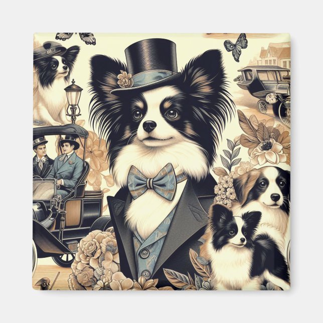 Imã Ilustração de Cão Vintage Papillon (Frente)