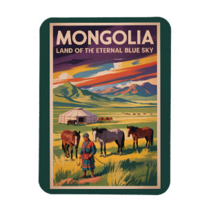 Ímã Ilustração de Cavalos Yurt da Mongólia Arte de Via