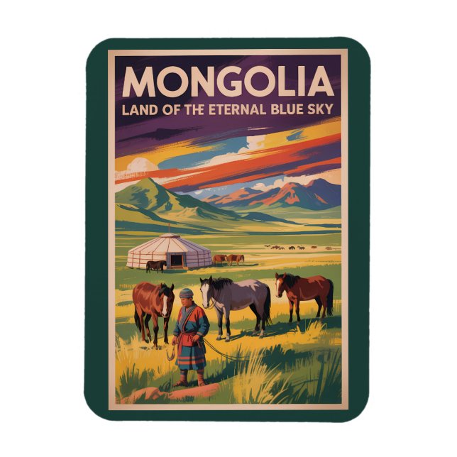 Ímã Ilustração de Cavalos Yurt da Mongólia Arte de Via (Vertical)