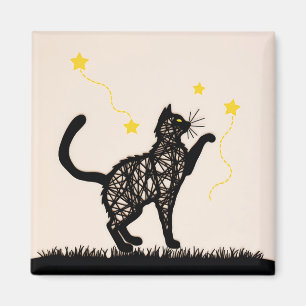 Imã Ilustração de Estrelas Divertidas de Gato Preto