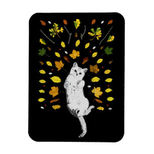 Ímã Ilustração de gato branco com folhas de outono