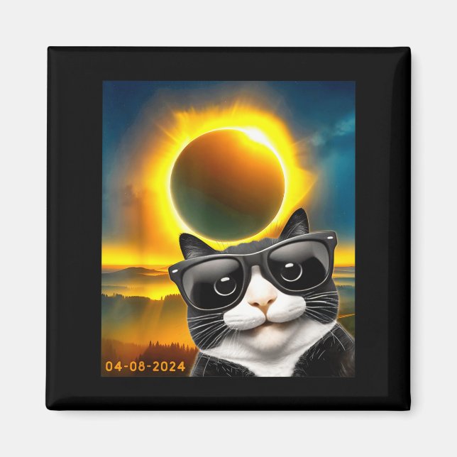 Imã Ilustração de Gato Tuxedo na Totalidade do Eclipse (Frente)