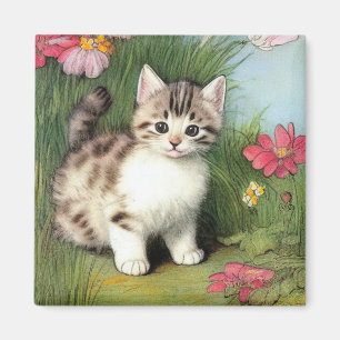 Imã Ilustração de Gato Vintage com Flores Vermelhas