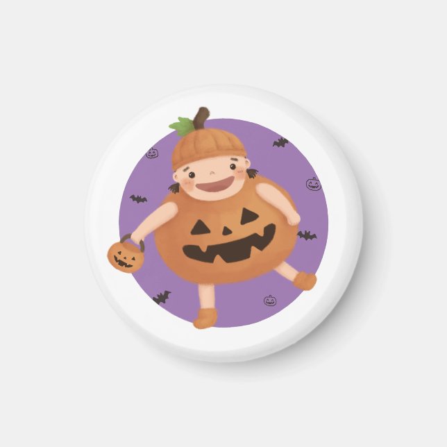 Imã Ilustração de Halloween: Menina de Abóbora (Frente)