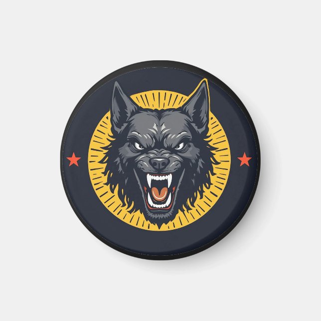 Imã Ilustração de Lobo Feroz com Desenho Circular (Frente)
