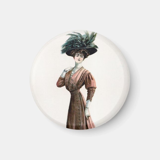 Imã Ilustração de Moda Vintage Senhora Chapéu de Pena (Frente)