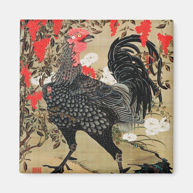 Imã Ilustração de Nandina e Rooster de Ito Jakuchu (Frente)