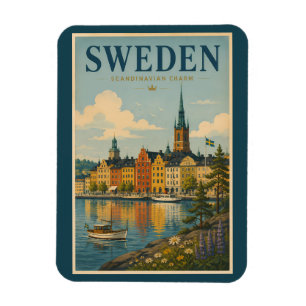 Ímã Ilustração de Paisagem da Suécia Viagem Arte Vinta